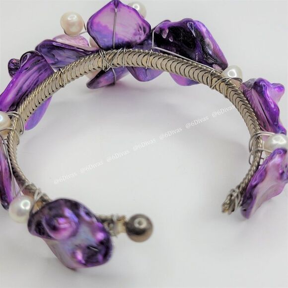 PURPLE Sea Shells and Pearls Floral Cuff Bracelet - Adjustable - Picture 5 of 9